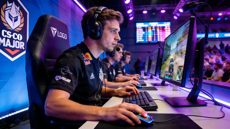 CS:GO Major锦标赛比赛现场，选手专注操作