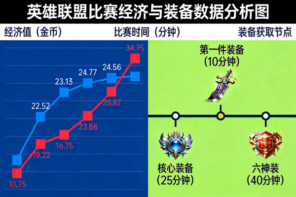 深度数据分析图表，展示英雄联盟比赛经济曲线与装备时间轴
