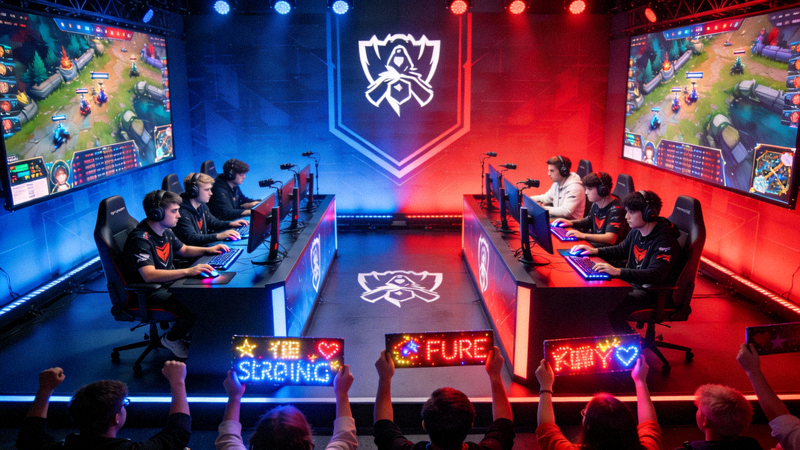 英雄联盟全球总决赛比赛现场，两支战队正在激烈对战